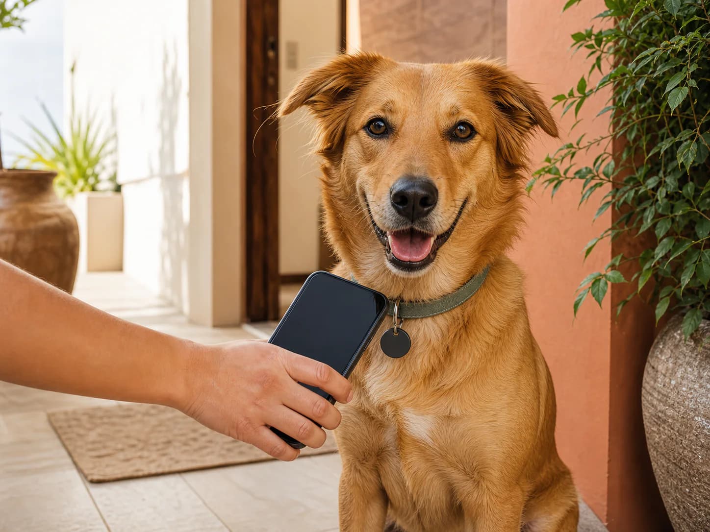 Cachorro usando uma tag na coleira enquanto uma pessoa aproxima o celular